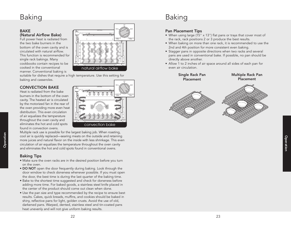 Baking, Pan placement tips, Bake (natural airflow bake) | Convection bake, Baking tips | Viking F20517 User Manual | Page 12 / 20