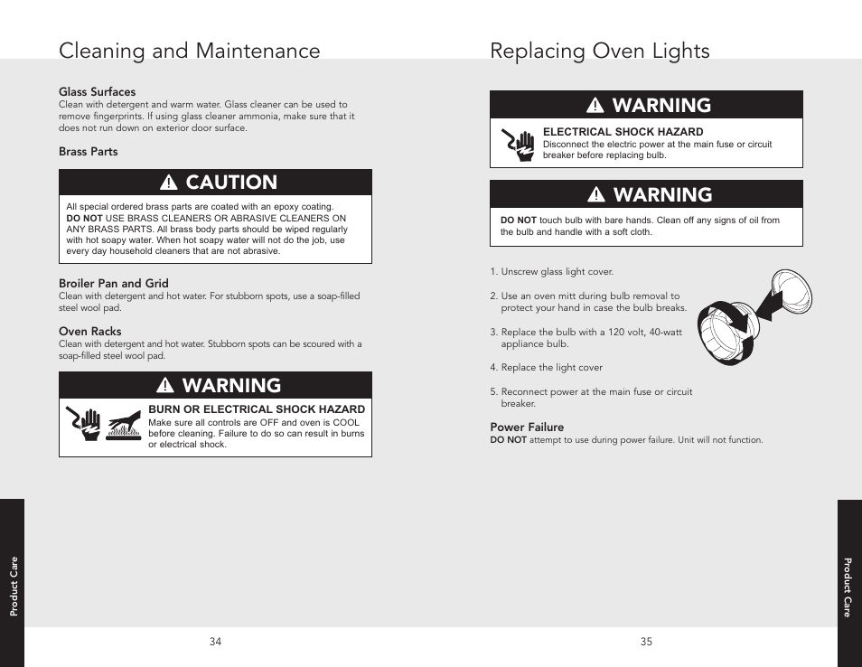 Replacing oven lights, Cleaning and maintenance, Warning | Caution | Viking F20517 User Manual | Page 18 / 20