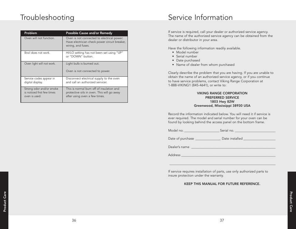 Troubleshooting, Service information | Viking F20517 User Manual | Page 19 / 20