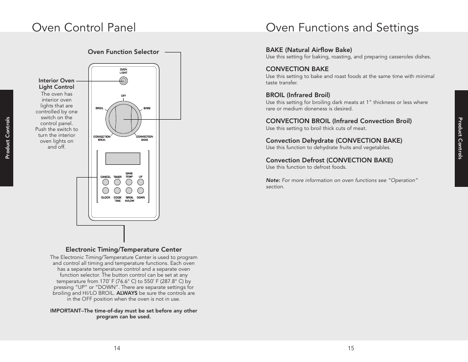 Oven control panel, Oven functions and settings, Bake (natural airflow bake) | Convection bake, Broil (infrared broil), Convection broil (infrared convection broil), Convection dehydrate (convection bake), Convection defrost (convection bake) | Viking F20517 User Manual | Page 8 / 20