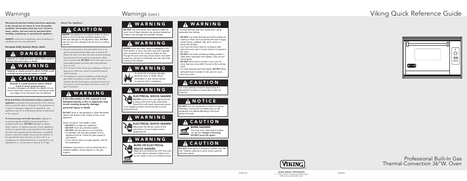 Viking quick reference guide, Warnings, Cont.) | Viking F20554 EN User Manual | Page 2 / 2