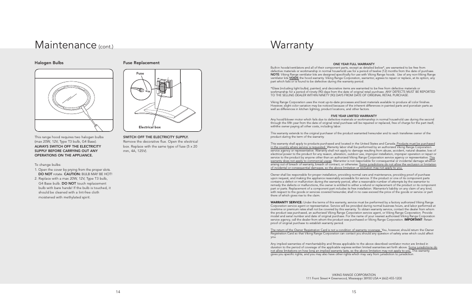 Maintenance, Warranty, Cont.) | Viking F20560 User Manual | Page 8 / 8
