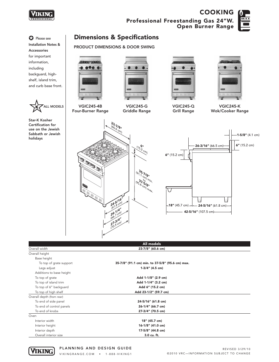 Cooking, Dimensions & specifications | Viking VGIC245-4B* User Manual | Page 2 / 6