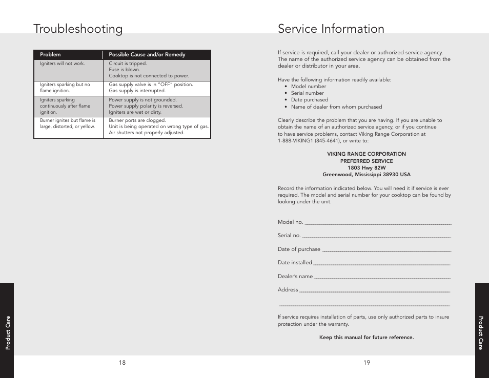 Product care, Cleaning and maintenanc, Cleaning and maintenance | Troubleshooting, Service information | Viking F20679C User Manual | Page 10 / 12