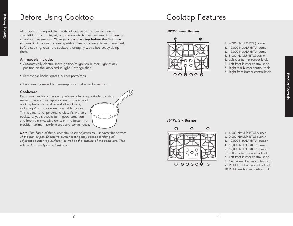 Before using cookt, Product controls, Cooktop features | Before using cooktop | Viking F20679C User Manual | Page 6 / 12