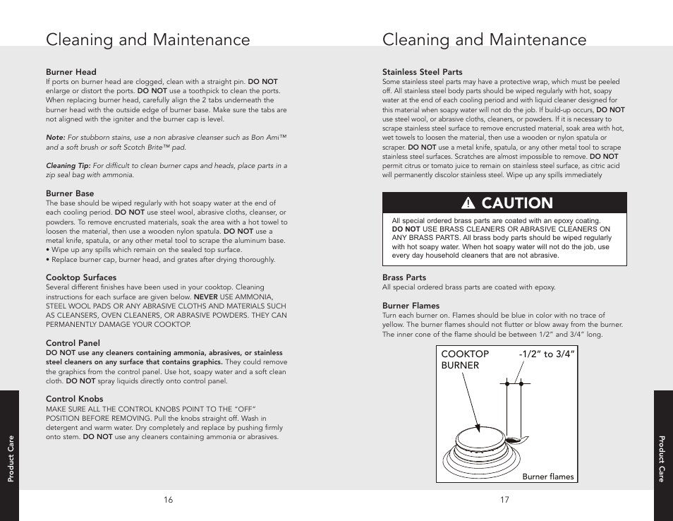 Surface heat setting, Cooking substitutes chart, Surface heat settings | Cooking substitutes charts, Cleaning and maintenance, Caution | Viking F20679C User Manual | Page 9 / 12