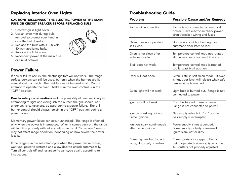 Troubleshooting guide, Replacing interior oven lights, Power failure | Viking F20143D User Manual | Page 19 / 20