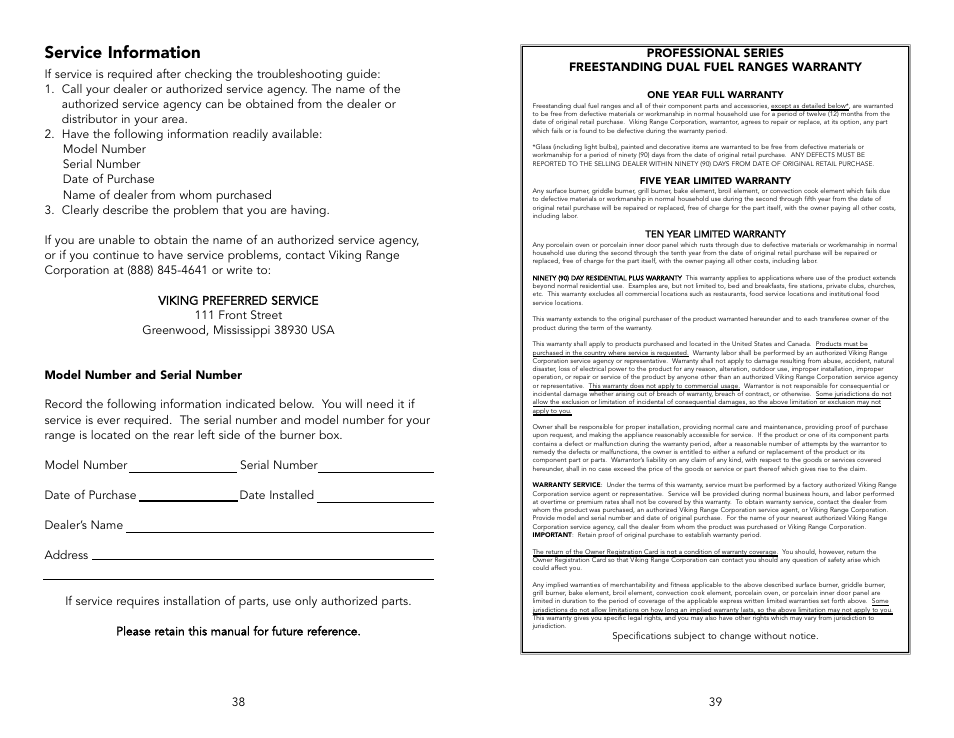 Service information | Viking F20143D User Manual | Page 20 / 20