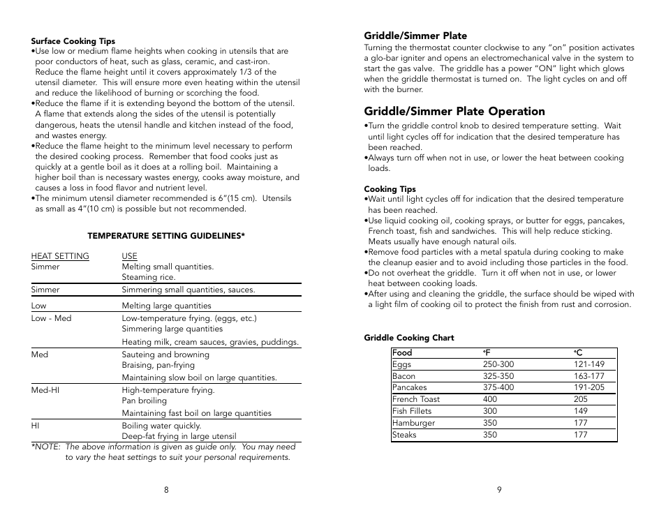 Griddle/simmer plate operation | Viking F20143D User Manual | Page 5 / 20