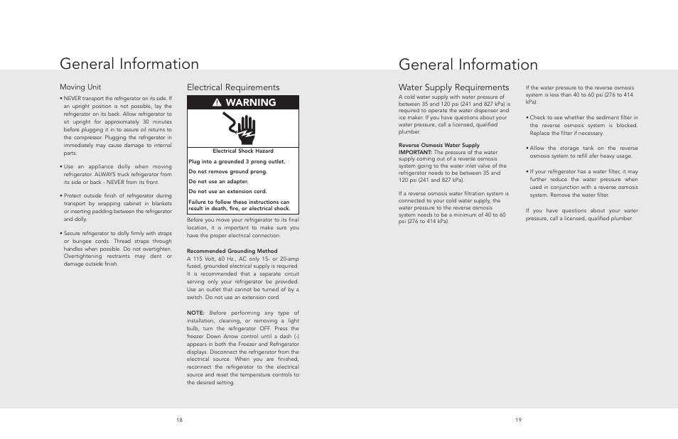 General information, Warning, Water supply requirements | Electrical requirements | Viking F20481 User Manual | Page 10 / 22