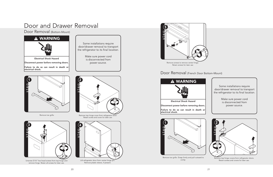 Door and drawer removal, Door removal, Warning | Viking F20481 User Manual | Page 11 / 22