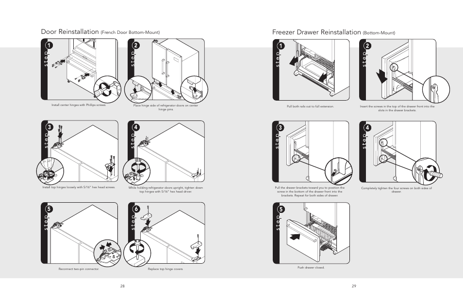 Door reinstallation, Freezer drawer reinstallation | Viking F20481 User Manual | Page 15 / 22