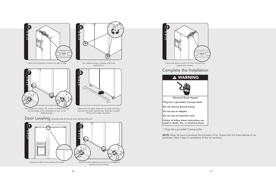 Complete the installation, Door leveling, Warning | Viking F20481 User Manual | Page 19 / 22