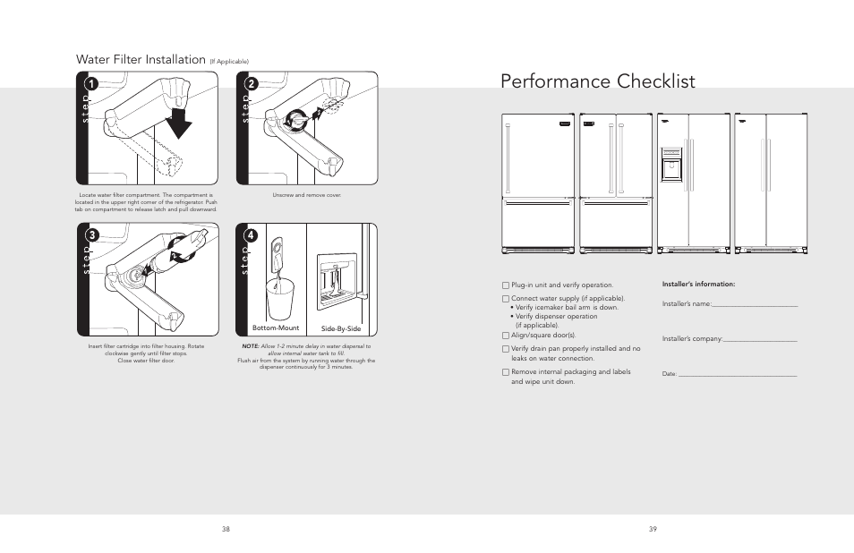 Performance checklist, Water filter installation | Viking F20481 User Manual | Page 20 / 22