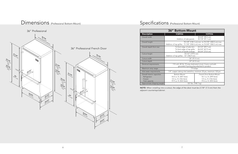 Dimensions, Specifications, 36” bottom-mount | 36” professional 36” professional french door, Professional bottom-mount), Description | Viking F20481 User Manual | Page 4 / 22