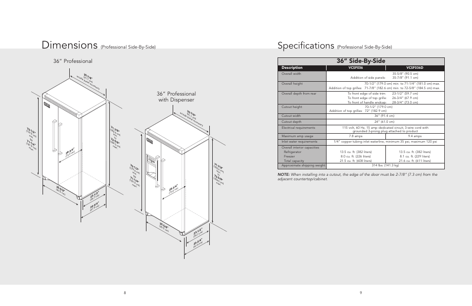 Dimensions, Specifications, 36” side-by-side | 36” professional, 36” professional with dispenser, Professional side-by-side), Description | Viking F20481 User Manual | Page 5 / 22