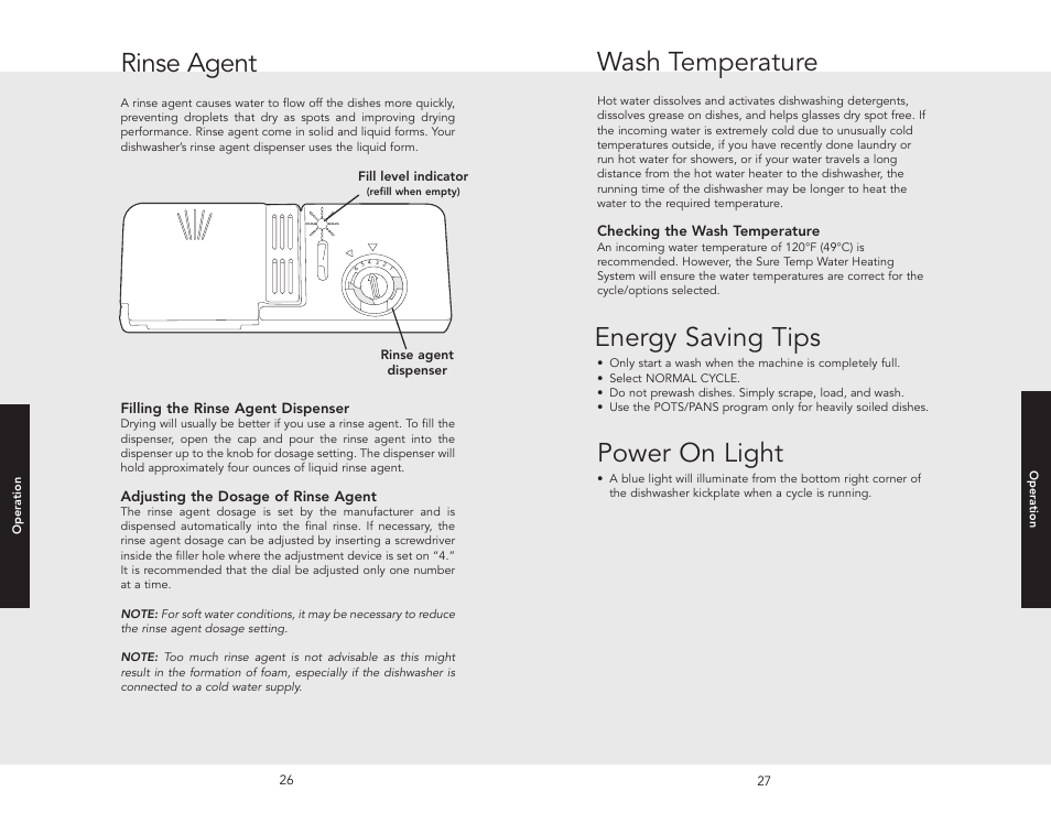 Rinse agent, Wash temperature, Energy saving tips | Power on light | Viking 450E User Manual | Page 14 / 22