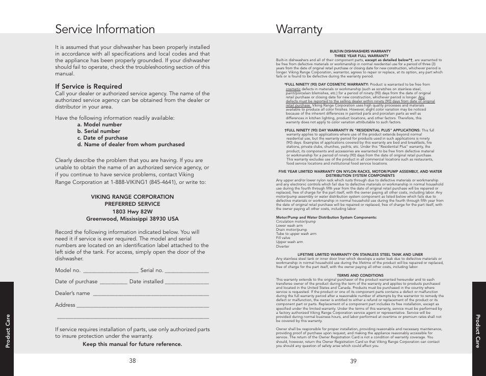 Service information warranty | Viking 450E User Manual | Page 20 / 22