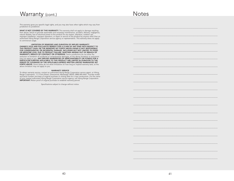 Warranty, Cont.) | Viking 450E User Manual | Page 21 / 22