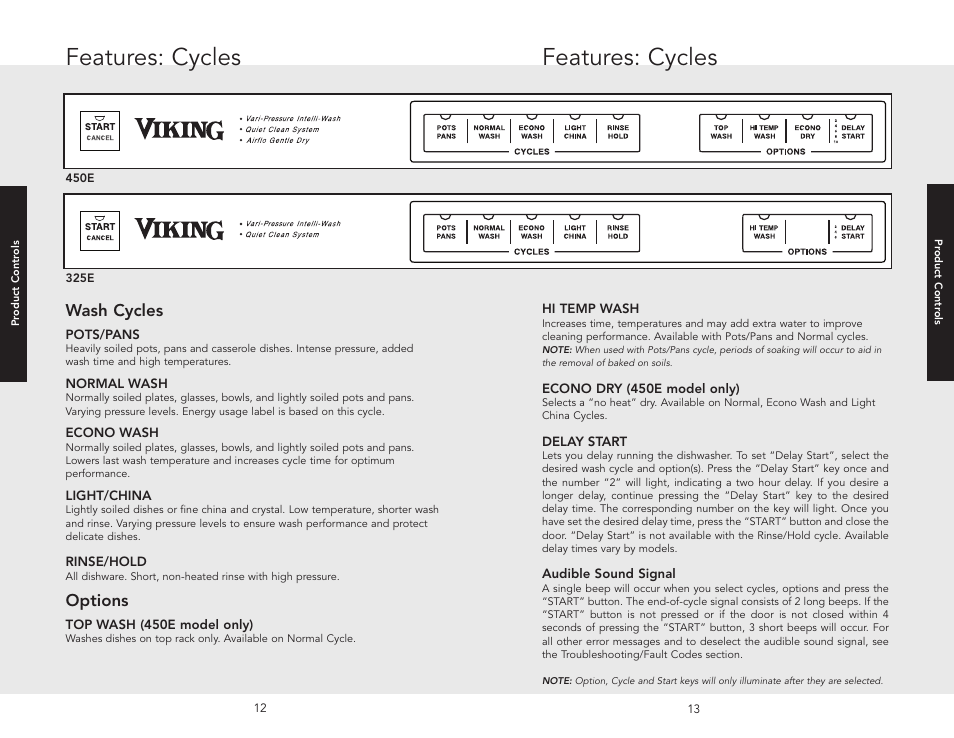 Features: cycles, Wash cycles, Options | Viking 450E User Manual | Page 7 / 22