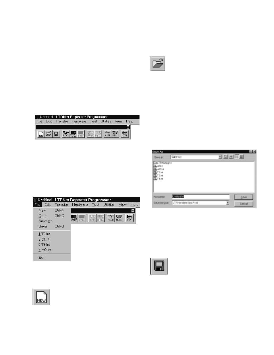Section 4 ltr-net programmer, 1 menu displays, Figure 4-1 main menu | 2 file menu, Figure 4-2 file menu, 1 new, 2 open, 3 save as, Figure 4-3 open / save as / save file, 4 save | Viking 242-2009-632 User Manual | Page 47 / 260