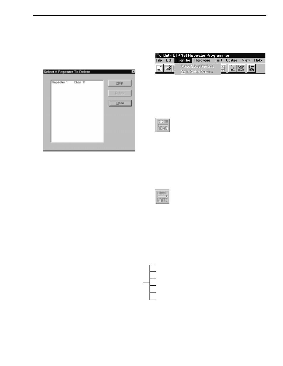 4 delete repeater, Figure 4-14 delete repeater, 4 transfer | Figure 4-15 transfer menu, 1 read setup parameters, 2 write setup parameters, Figure 4-16 hardware programming flowchart, Hardware | Viking 242-2009-632 User Manual | Page 53 / 260