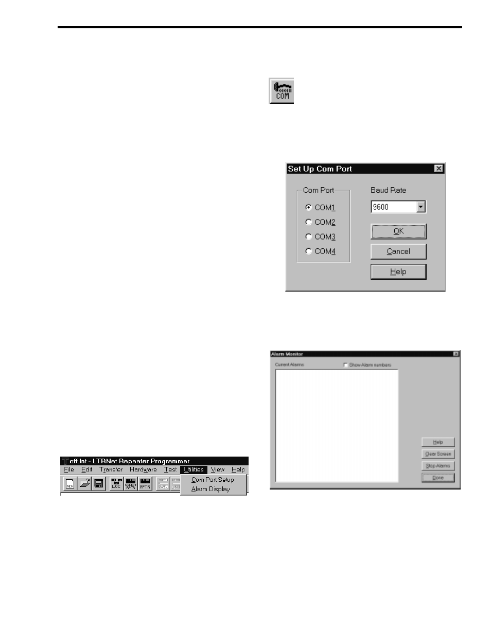 1 exciter, 2 power amplifier, 3 receiver | 4 full repeater, 7 utilities, Figure 4-26 utilities menu, 1 com port setup, Figure 4-27 setup com port, 2 alarm display, Figure 4-28 alarm monitor | Viking 242-2009-632 User Manual | Page 69 / 260