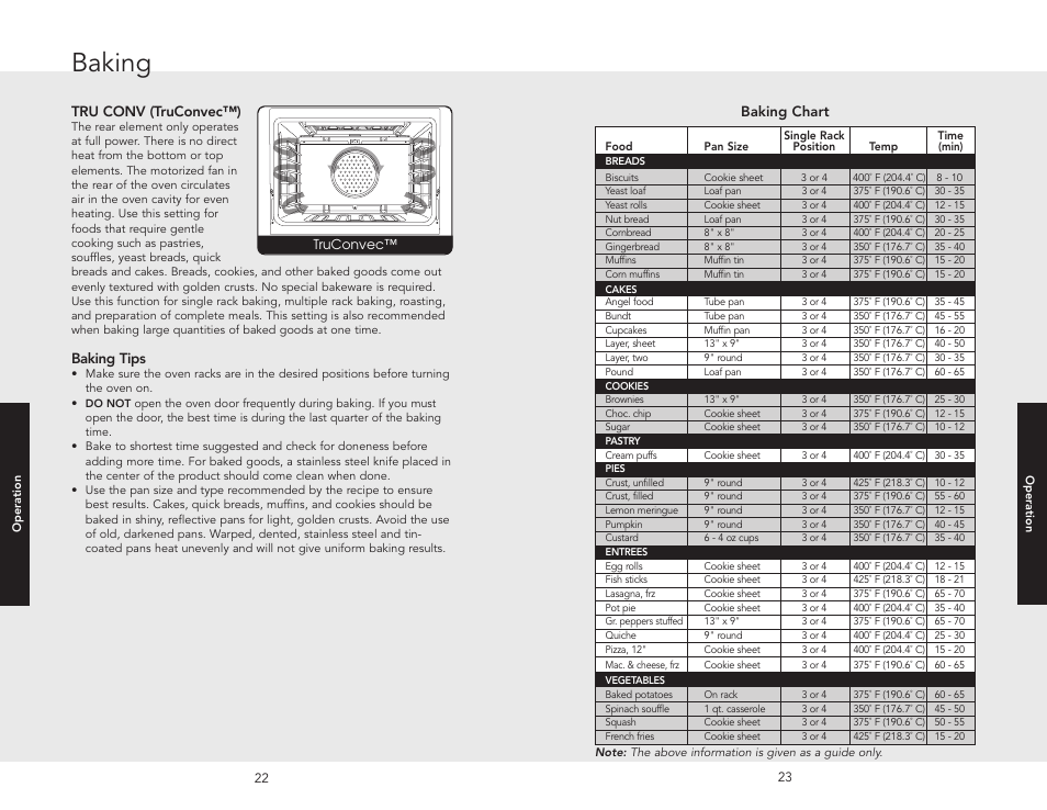 Baking, Baking chart, Tru conv (truconvec™) | Baking tips | Viking F20507 User Manual | Page 12 / 26