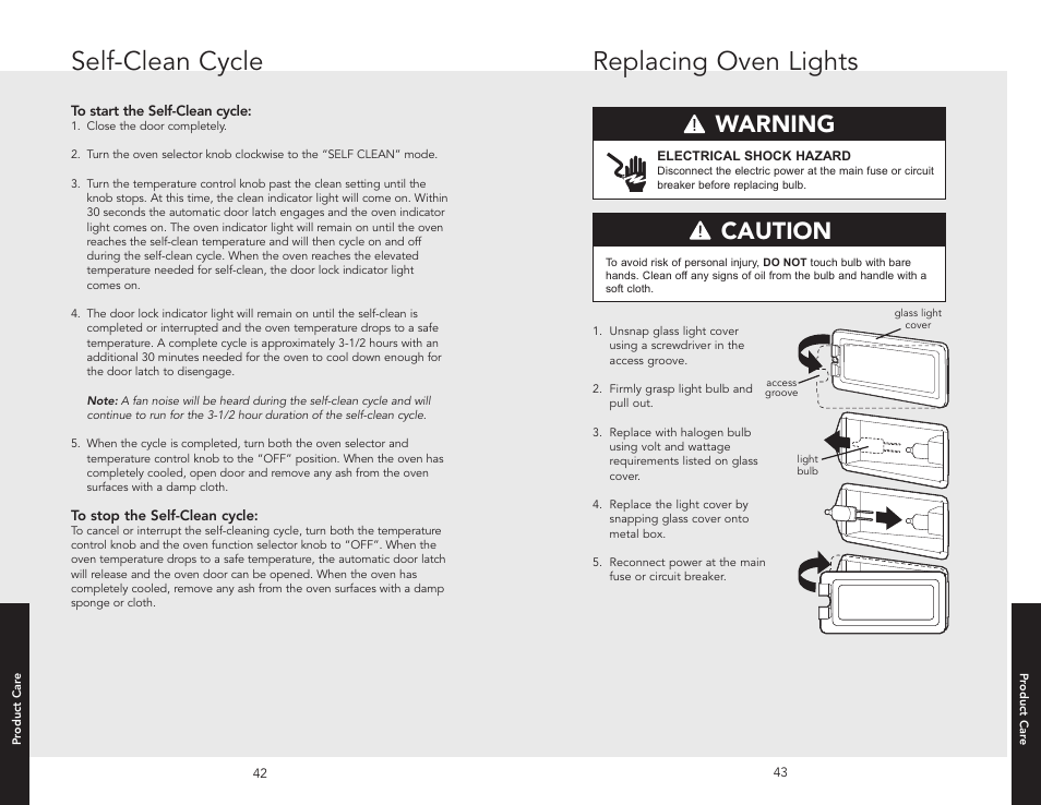 Replacing oven lights, Self-clean cycle, Warning | Caution | Viking F20507 User Manual | Page 22 / 26