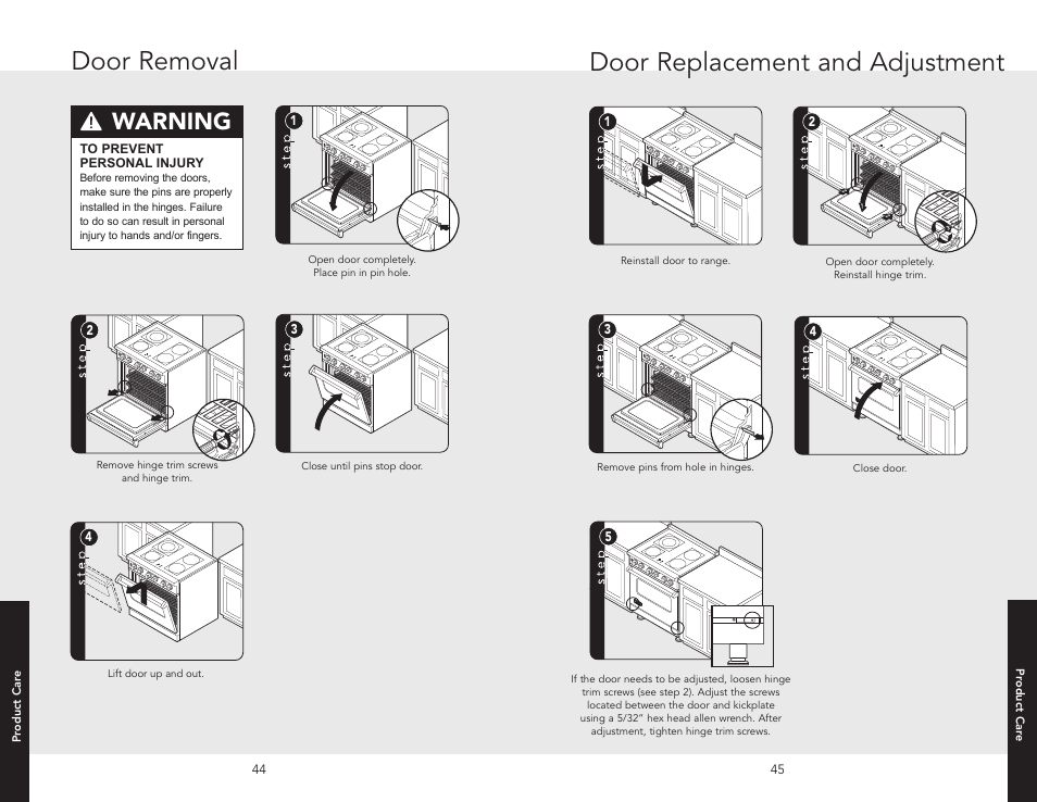 Door replacement and adjustment, Door removal, Warning | Viking F20507 User Manual | Page 23 / 26