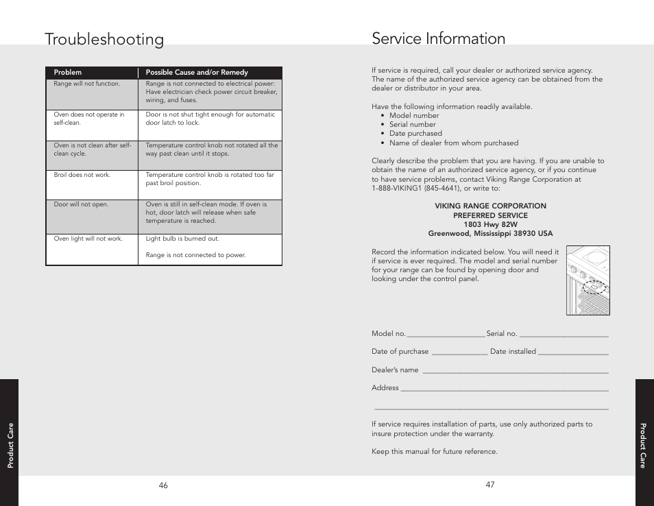 Service information, Troubleshooting | Viking F20507 User Manual | Page 24 / 26