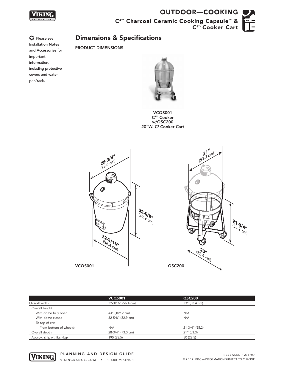 Outdoor—cooking, Dimensions & specifications, Charcoal ceramic cooking capsule | Cooker cart | Viking C4TM User Manual | Page 2 / 6