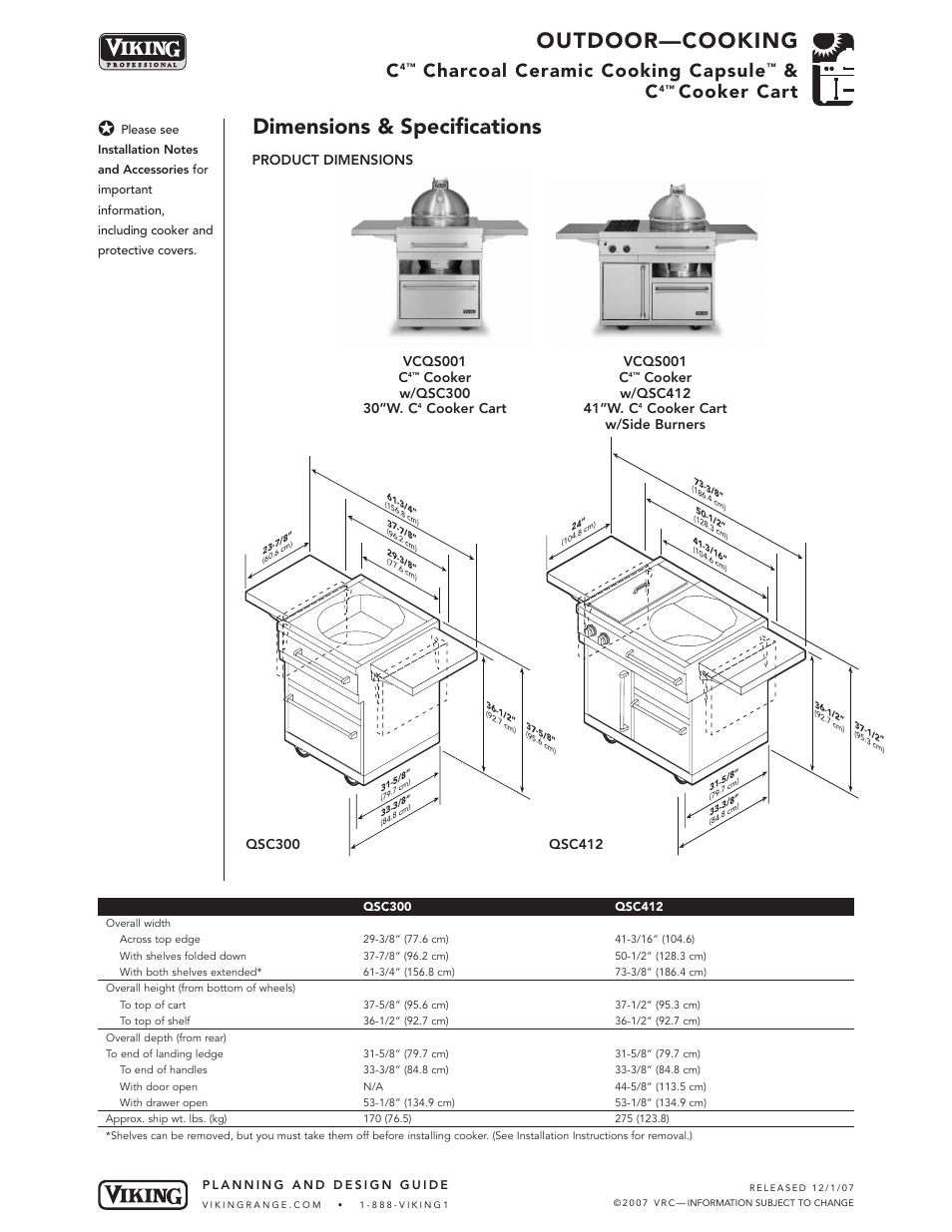 Outdoor—cooking, Dimensions & specifications, Charcoal ceramic cooking capsule | Cooker cart | Viking C4TM User Manual | Page 3 / 6