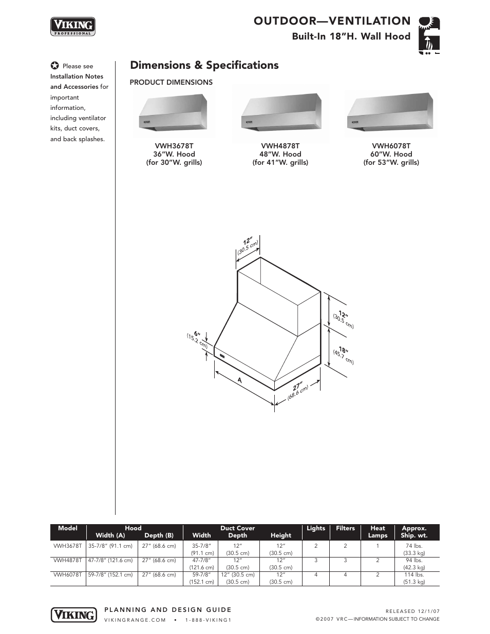 Outdoor—ventilation, Dimensions & specifications, Built-in 18”h. wall hood | Viking VWH3678T User Manual | Page 2 / 5
