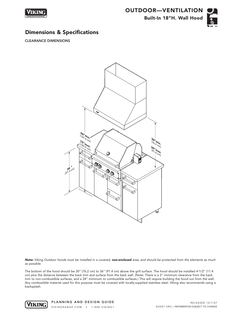 Outdoor—ventilation, Dimensions & specifications, Built-in 18”h. wall hood | Viking VWH3678T User Manual | Page 3 / 5
