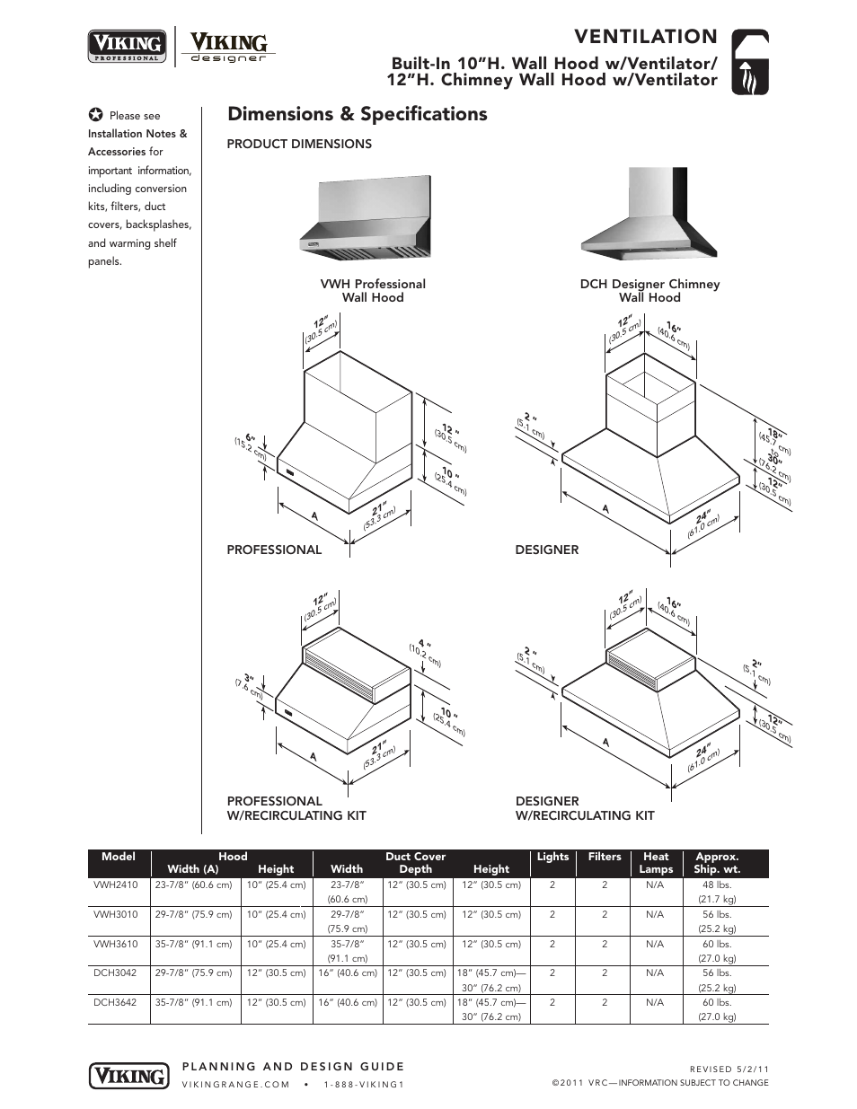 Ventilation, Dimensions & specifications | Viking DCH User Manual | Page 2 / 6