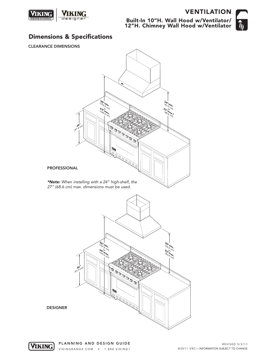 Ventilation, Dimensions & specifications | Viking DCH User Manual | Page 3 / 6