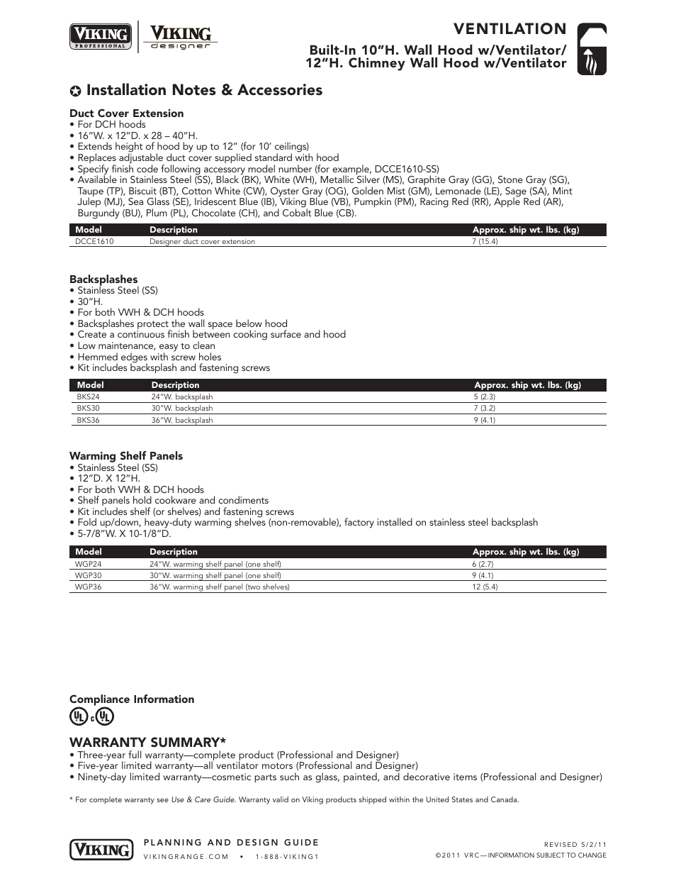 Ventilation, Warranty summary | Viking DCH User Manual | Page 6 / 6