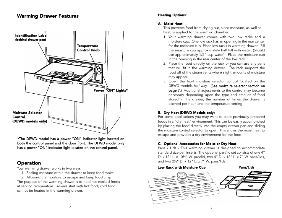Operation, Warming drawer features | Viking F20021C User Manual | Page 3 / 8