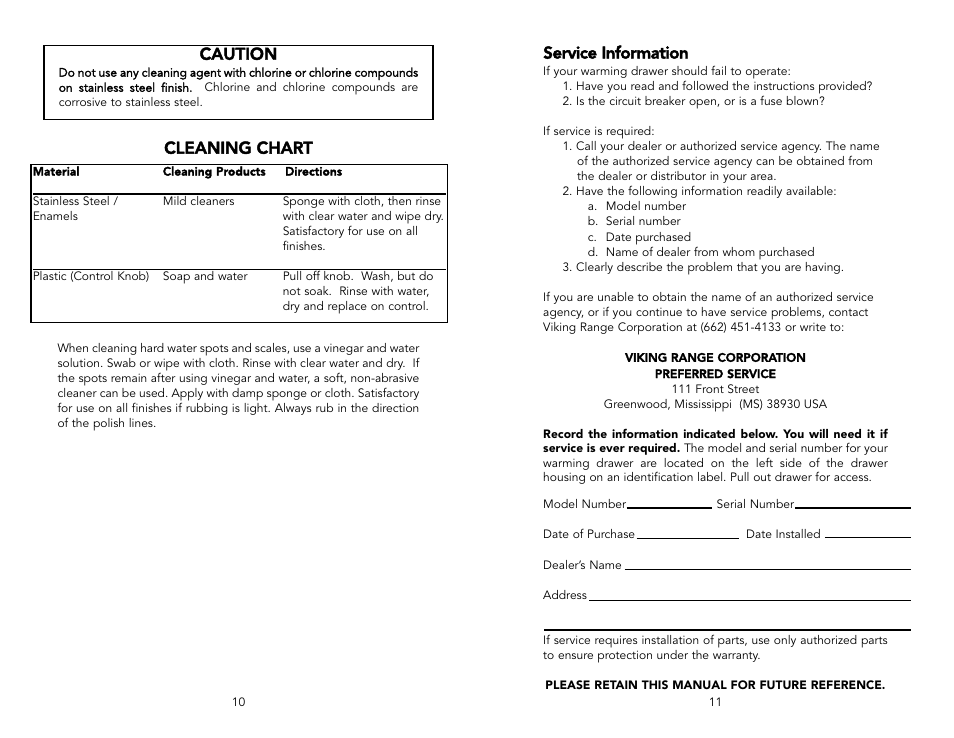 Service information, Cleaning chart caution | Viking F20021C User Manual | Page 6 / 8