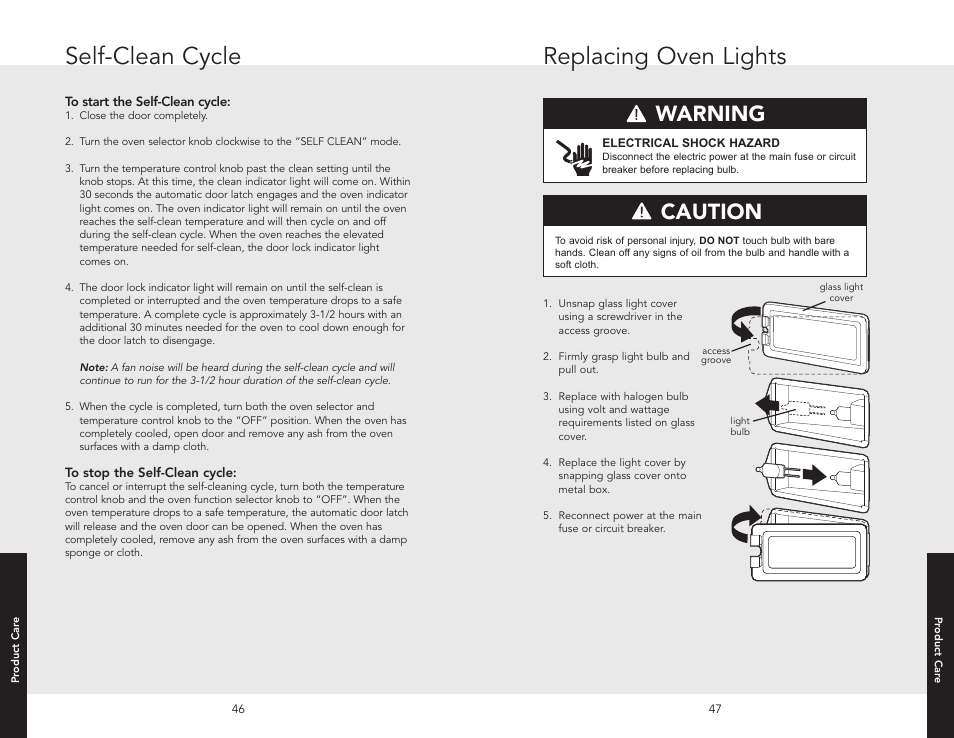 Replacing oven lights, Self-clean cycle, Warning danger caution for your safety | Viking F20537B EN User Manual | Page 24 / 28