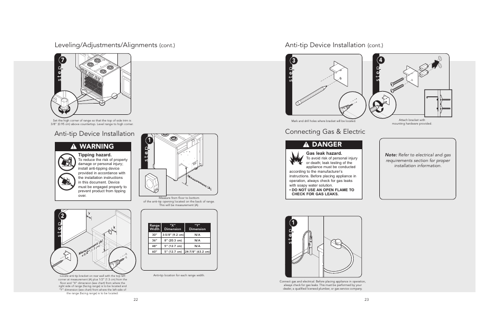 Leveling/adjustments/alignments, Connecting gas & electric warning, Danger | Anti-tip device installation, Cont.) | Viking F20533 EN User Manual | Page 12 / 14