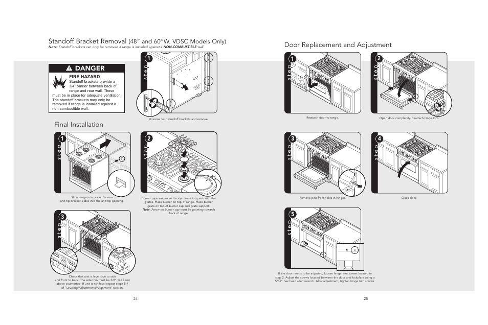 Door replacement and adjustment, Final installation, Standoff bracket removal | Danger, 48” and 60”w. vdsc models only) | Viking F20533 EN User Manual | Page 13 / 14