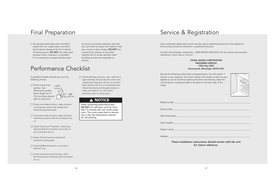 Service & registration performance checklist, Final preparation, Notice | Viking F20533 EN User Manual | Page 14 / 14