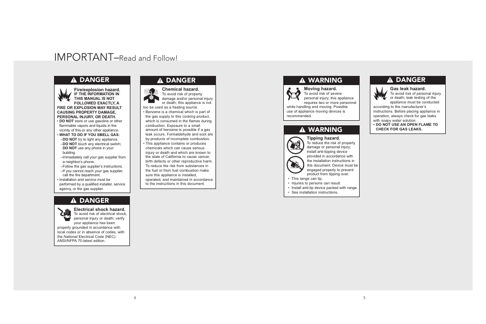 Important, Read and follow, Danger | Warning | Viking F20533 EN User Manual | Page 3 / 14