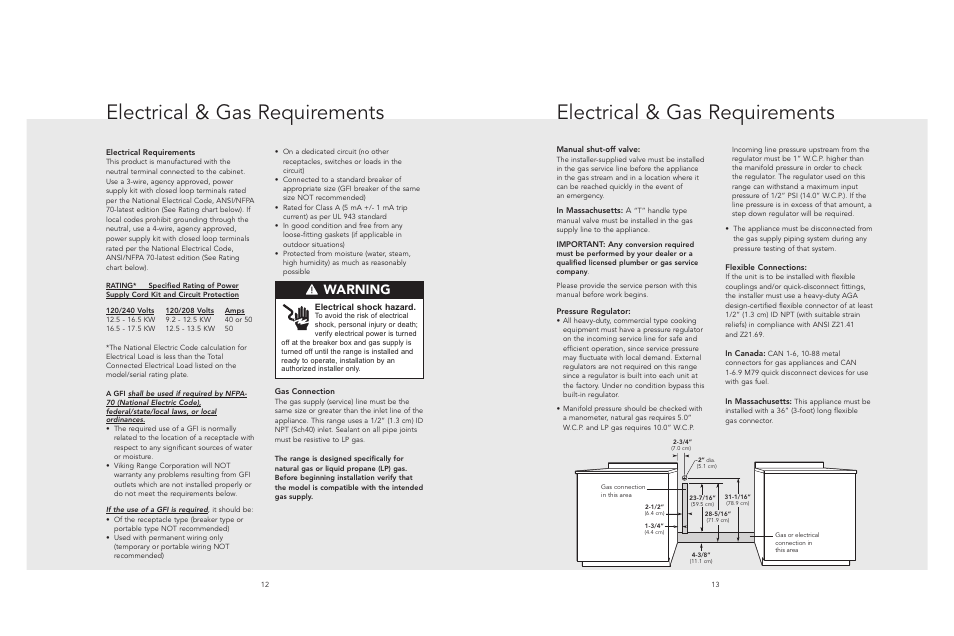 Electrical & gas requirements, Warning | Viking F20533 EN User Manual | Page 7 / 14