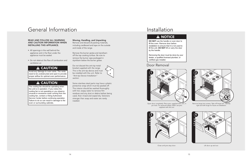 General information installation, Notice, Door removal | Caution | Viking F20533 EN User Manual | Page 8 / 14