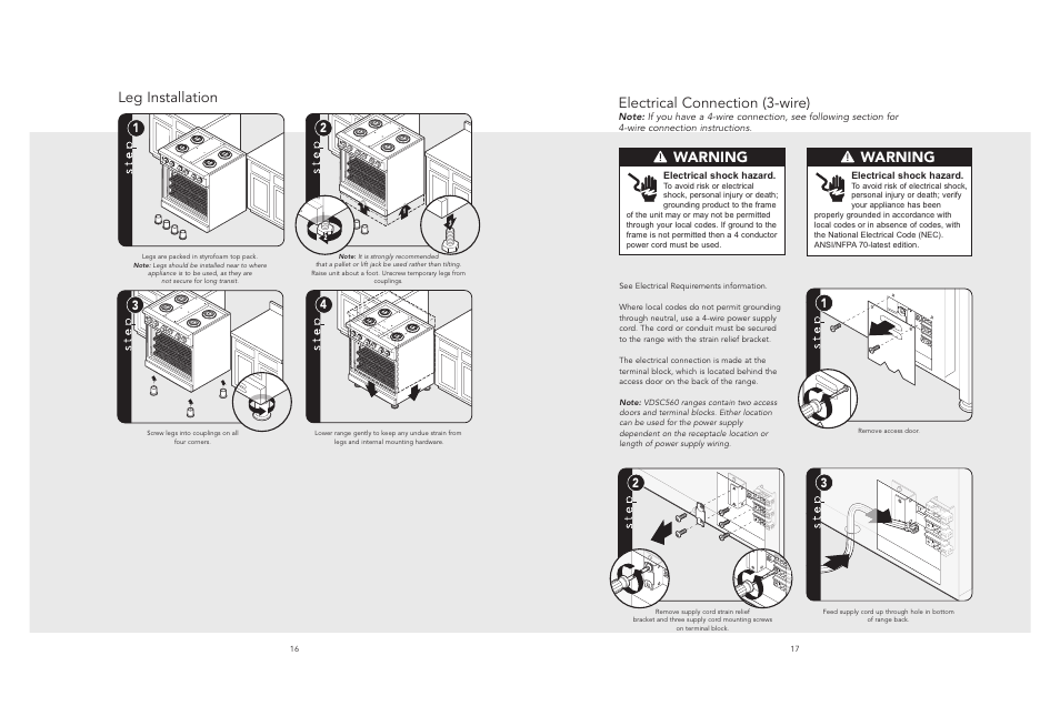 Electrical connection (3-wire), Warning, Leg installation | Viking F20533 EN User Manual | Page 9 / 14