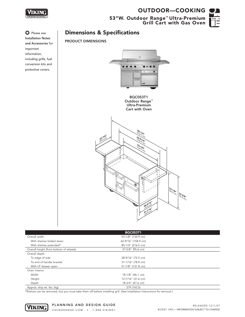 Outdoor—cooking, Dimensions & specifications, 53”w. outdoor range | Ultra-premium grill cart with gas oven | Viking BQC053T1 User Manual | Page 2 / 5