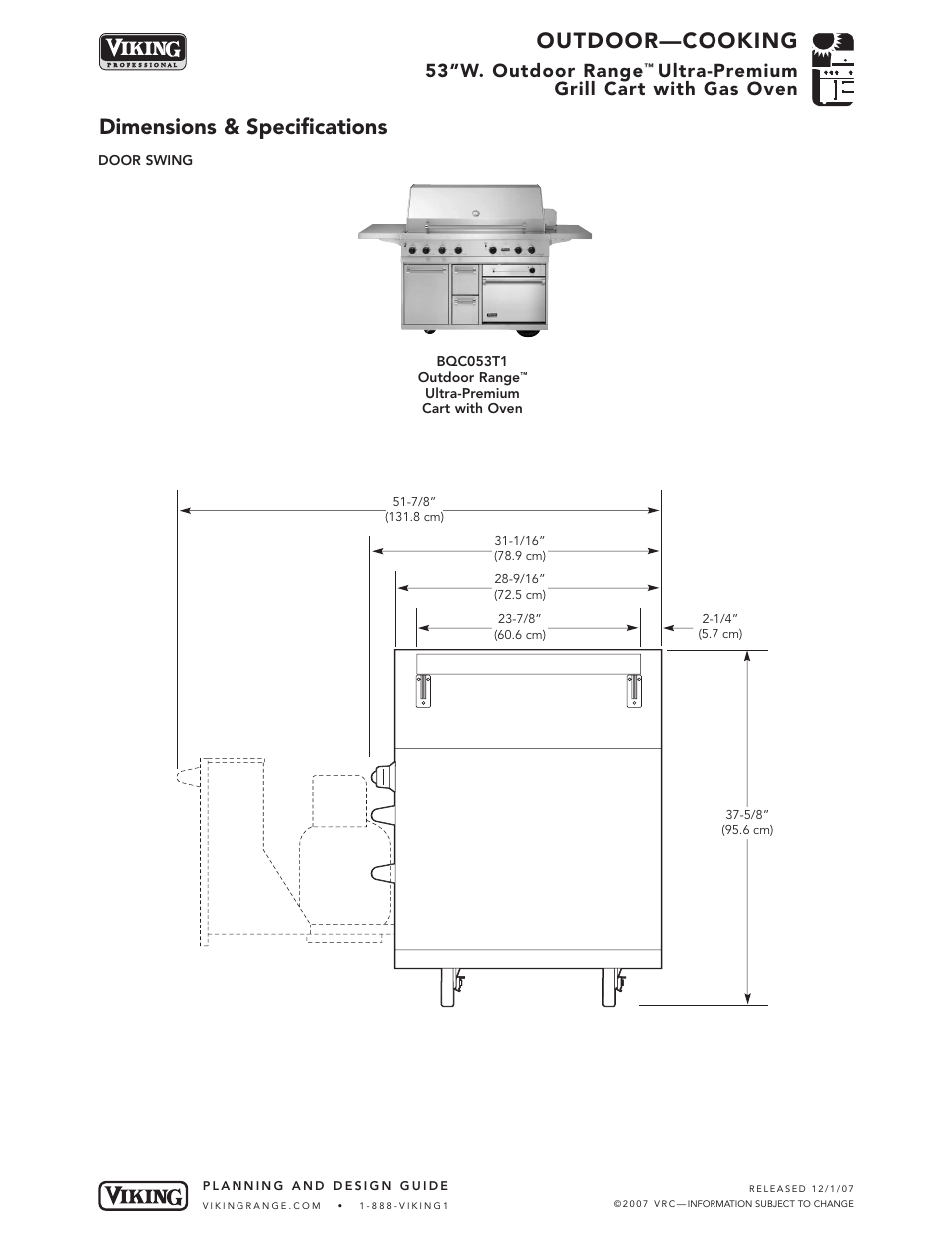 Outdoor—cooking, Dimensions & specifications, 53”w. outdoor range | Ultra-premium grill cart with gas oven | Viking BQC053T1 User Manual | Page 3 / 5